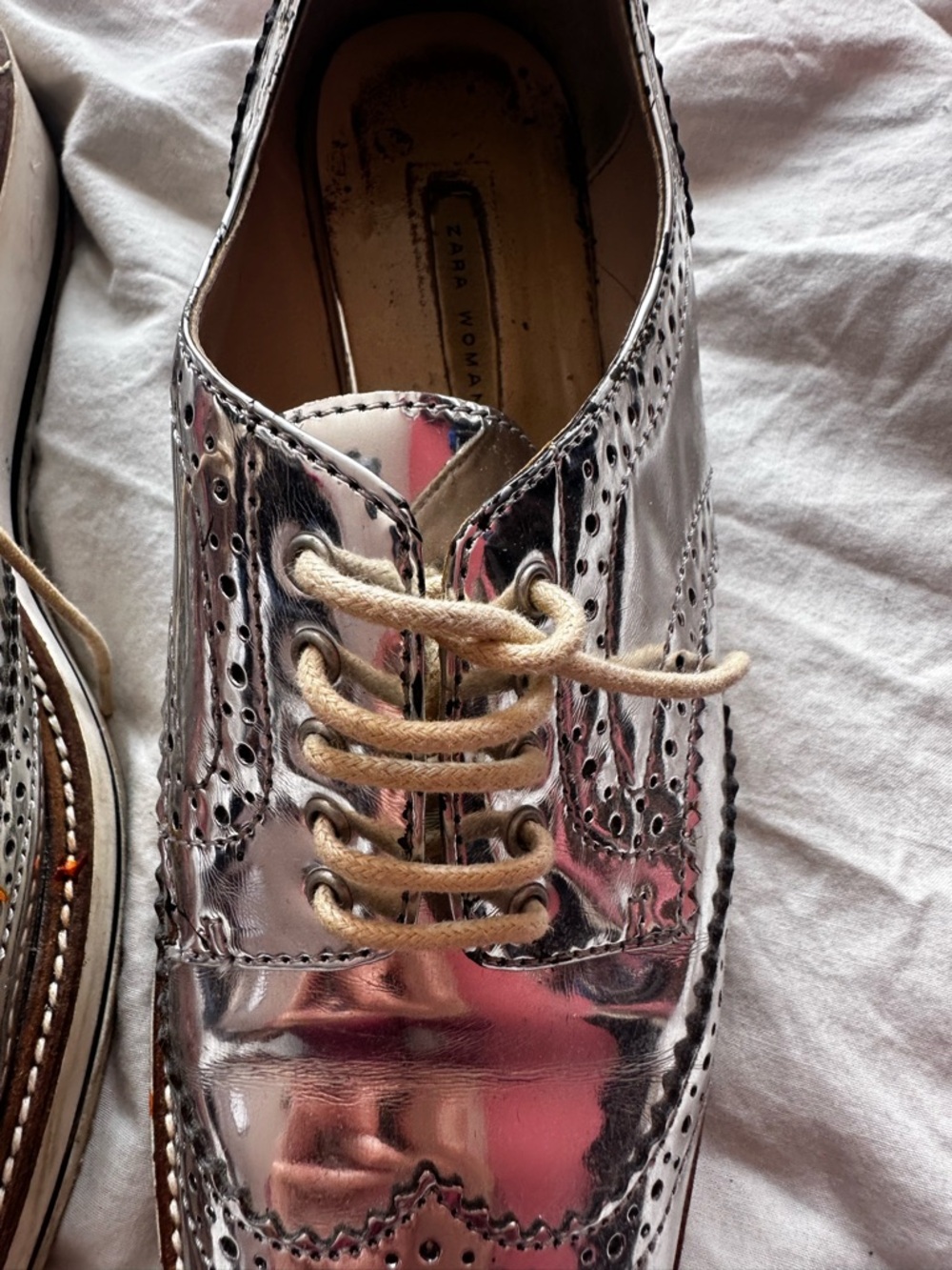 Zara Mirror Metallic Brogue Oxford Shoes Silver EU 38 - Picture 3 of 9